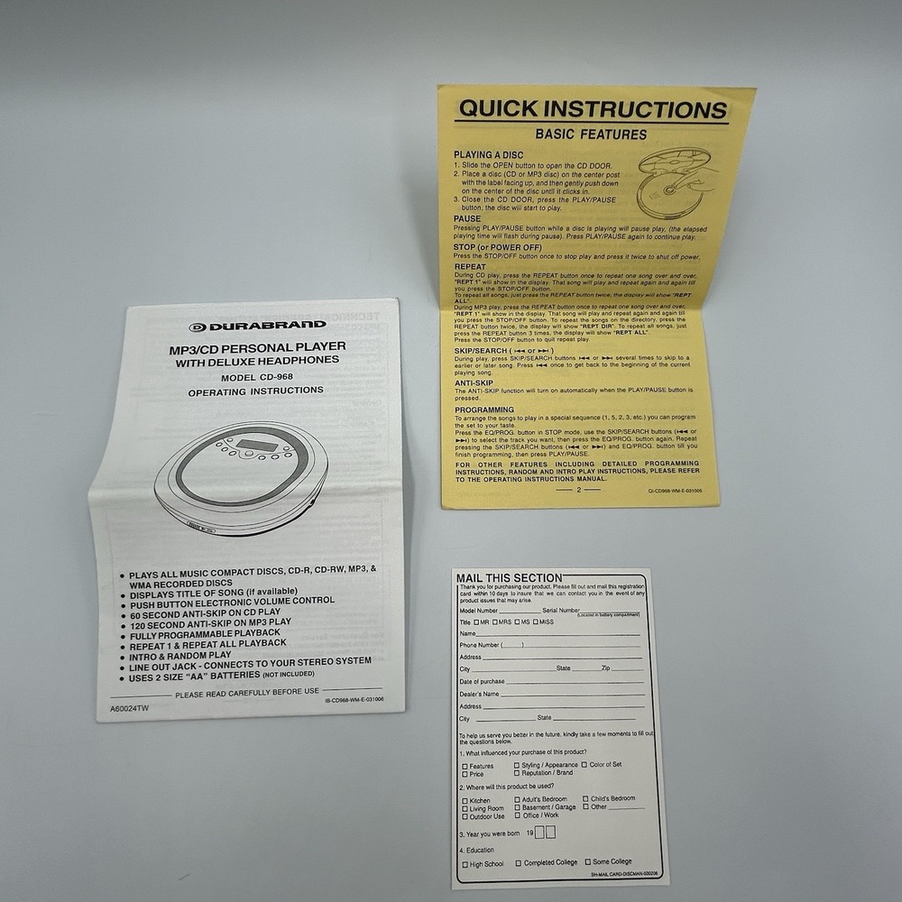 Operating Instructions Manual for Durabrand MP3-CD Player Model CD-968‎